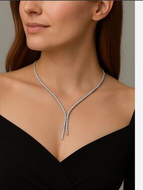 925 Sterling Silver by rhodium plated Necklace with CZ Y-Drop